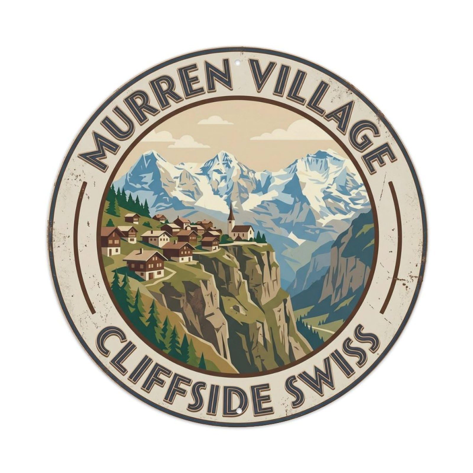 Murren Village Cliffside Switzerland Alpine Metal Tin Sign Plaque Wall Decor for Cafe, Club Bar, Office, Home Garden Round Metal Poster 8x8Inch