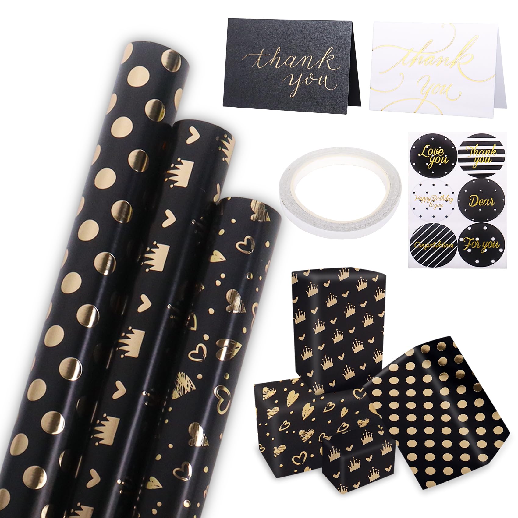 3 Rolls Black and Gold Wrapping Paper 43 cmร 3 m, Luxury Birthday Wrapping Paper Roll for Men, Gold & Black Gift Wrap(Style-01)