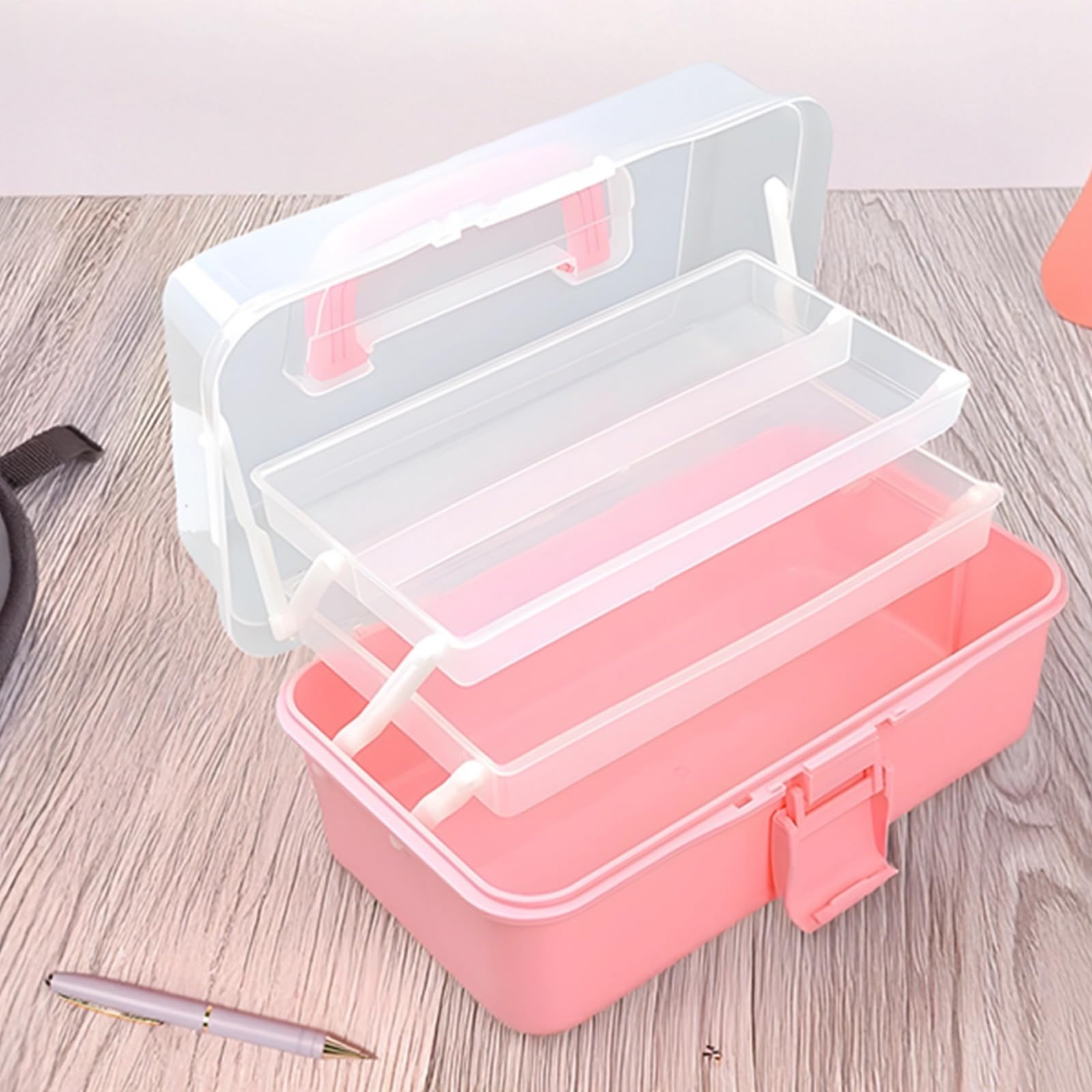Scatola organizer per capelli rosa a 3 livelli con manico, chiusura a scatto e adesivi divertenti per personalizzazione