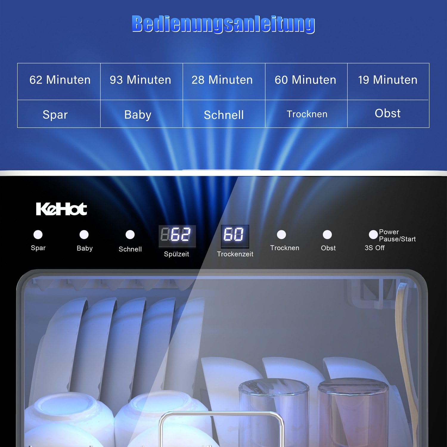 Tischgeschirrspüler, Tragbarer Geschirrspüler mit Wasseranschluss, 4 Programme, Spült bis zu 6-8 Teller, Heißluft-Trocknung & Antibakterialspeicher, LED Touch, Kompakt für Wohnung, Wohnmobil & Camping