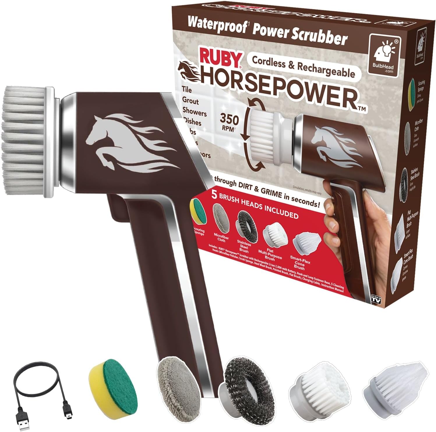 Horsepower Electric Power Scrubber, Waterproof, 350 RPM, 5 Brush Heads