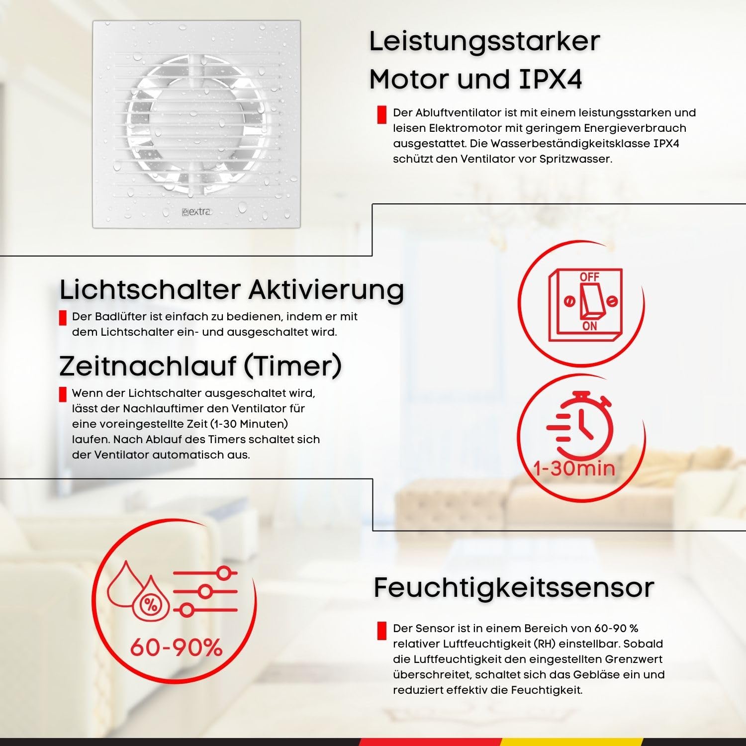 Steinberg14 Badlüfter Ø 100mm mit Feuchtigkeitssensor und Zeitnachlauf (Timer) - Weiß Ventilator