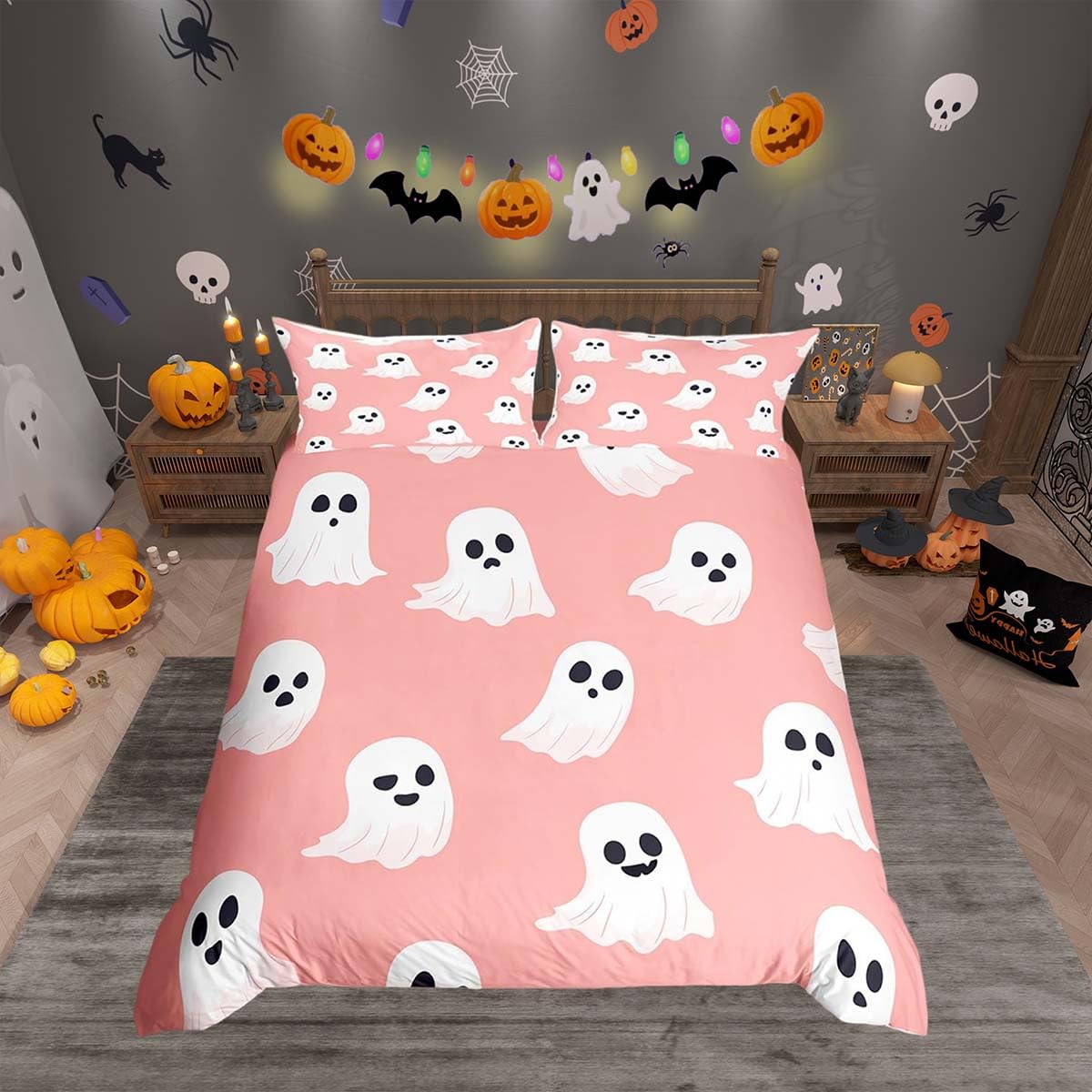 Homemissing Halloween Bedding Set Super King Size Kids Cartoon Ghosts Comforter Cover for Boys Girls Teens Light Pink Duvet Cover Breathable Soft Lightweight Microfiber