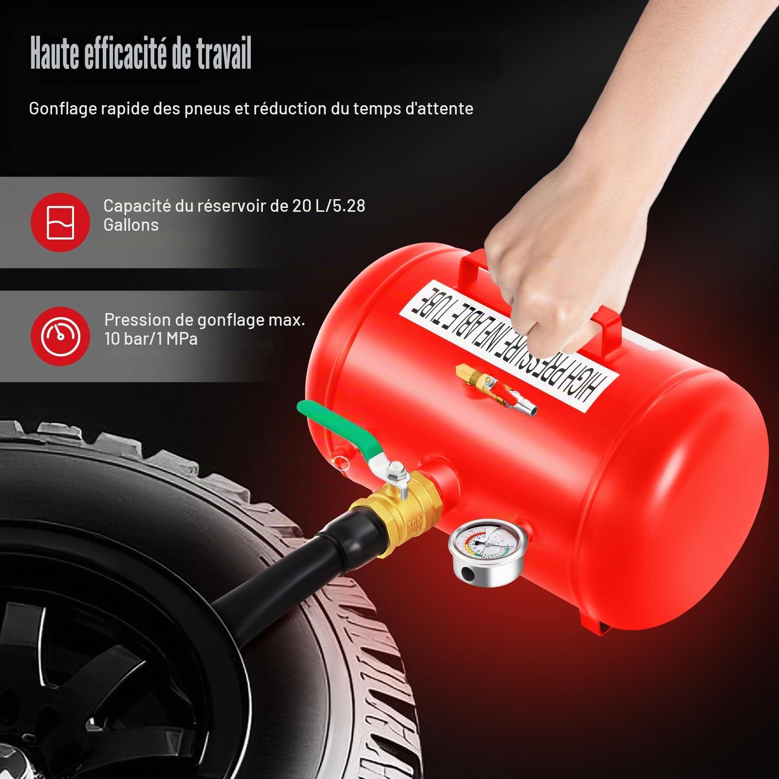 Gonfleur de pneu professionnel de 20 l - Booster de gonflage 20 litres - gonfleur de pneu à air pour différents types de pneus, Pression de gonflage maximale 10 bar