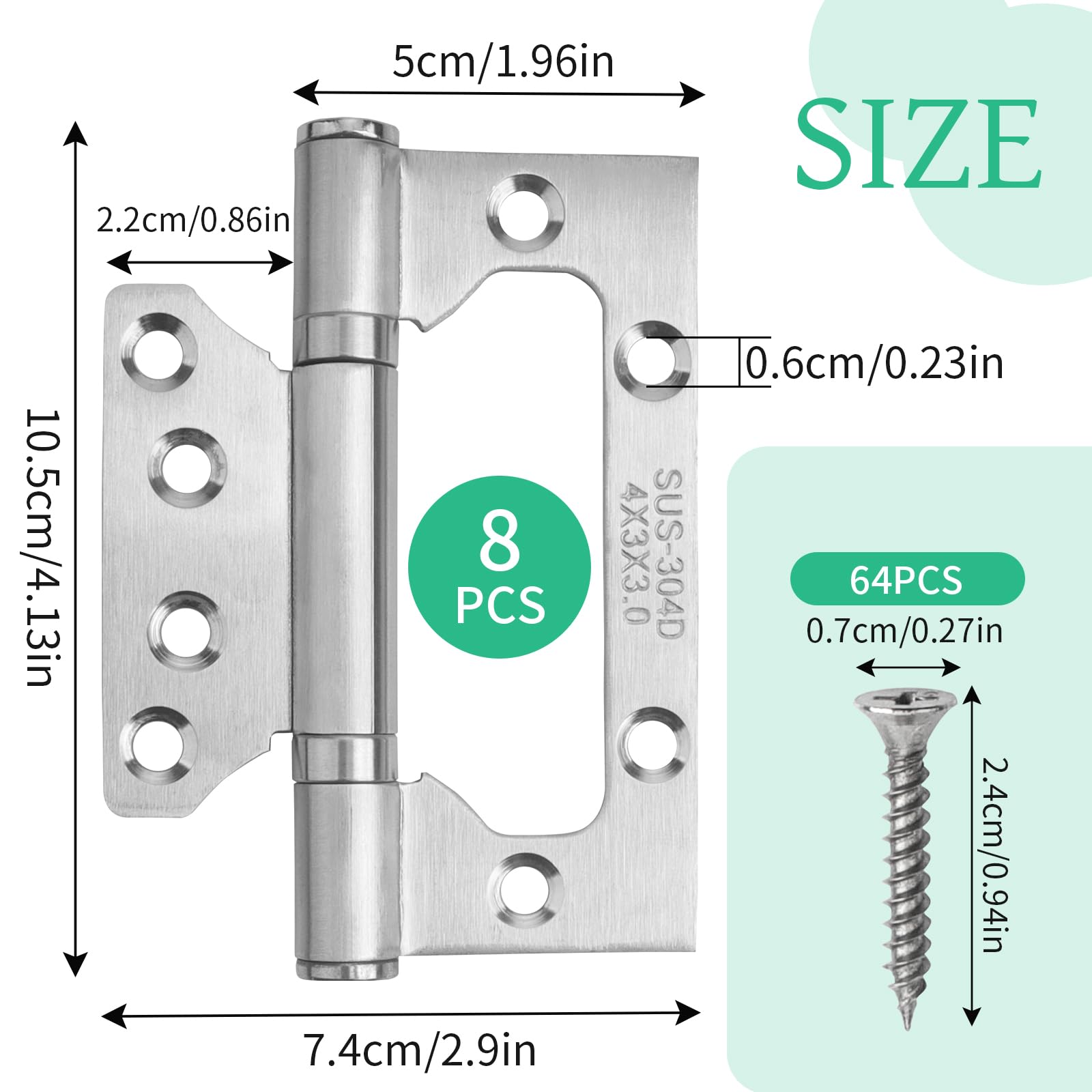 YGNNBC 8PCS Recessed 304 Stainless Steel Door Hinges丨8Pcs 72 x 105cm with Screws, 4 Inch Hinges, Ball Bearing Hinges - Image 2