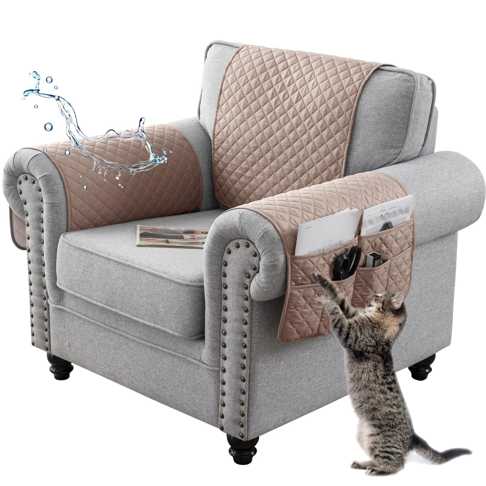 NNSMUN Sofa Armrest Cover, Headrest Cover for Recliner Chair Arm Cover, Armchair Slipcover Non Slip Quilted Furniture Protector for Sofa Recliner Armchair Cats Dogs (Light Brown,1 Seater(3pcs))