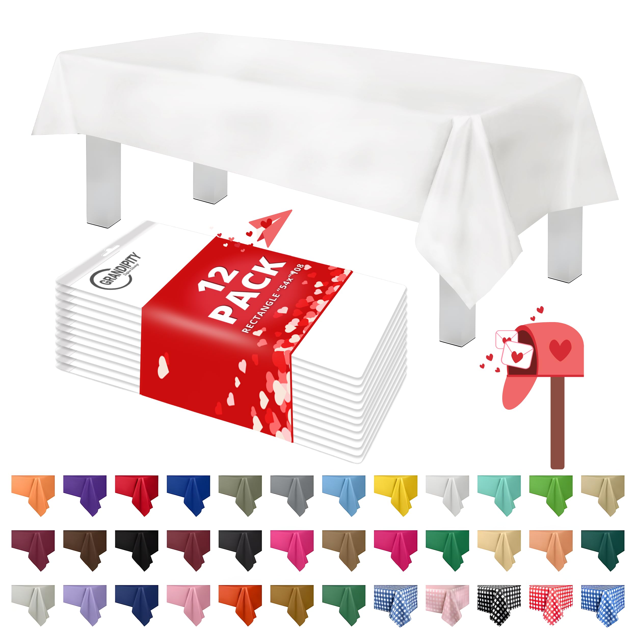 Grandipity 12 Pack Premium Disposable Plastic Tablecloth 54 Inch. x 108 Inch. with 0.3mm Thickness Table Cover - White
