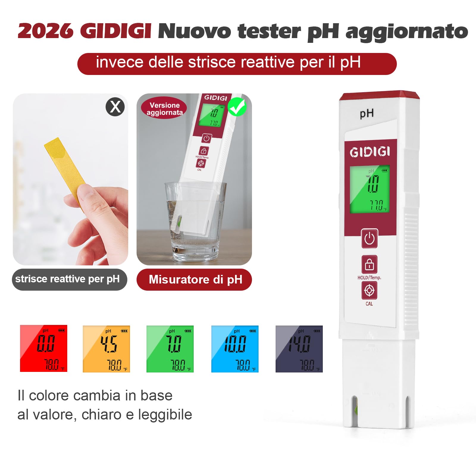 Misuratore di pH per acqua con display a colori, misuratore di pH digitale professionale, kit di calibrazione del pH analizzatore di qualità dell'acqua per piscine, terme, idroponica, acquari e