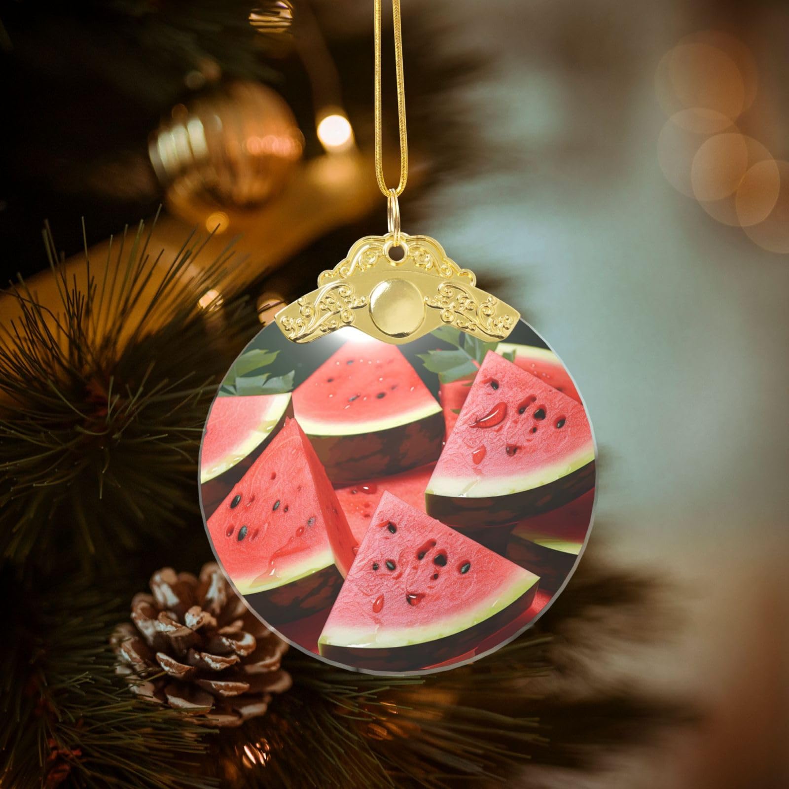 Crystal Christmas Ornaments for Christmas Tree Decoration Hanging Ripe Watermelon Slice Seeds Ornament with Gold Ribbon Crafts Round Pendant for Keepsake Gifts Glass Xmas Decor Party Supplies