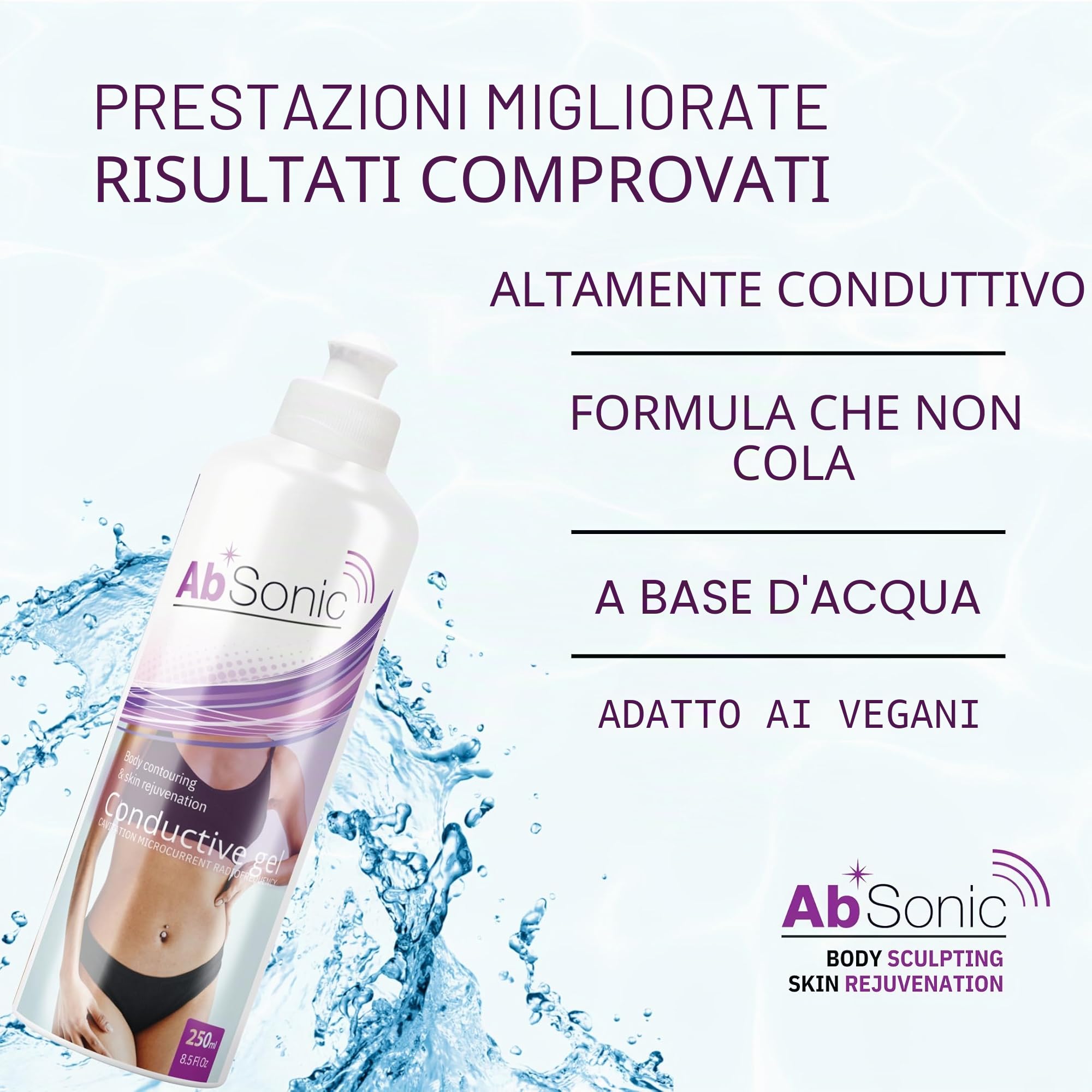 AbSonic - Gel Conduttore per elettrostimolazione, elettrodi, cinture addominali elettrostimolatore, TENS, EMS - 2x250ml
