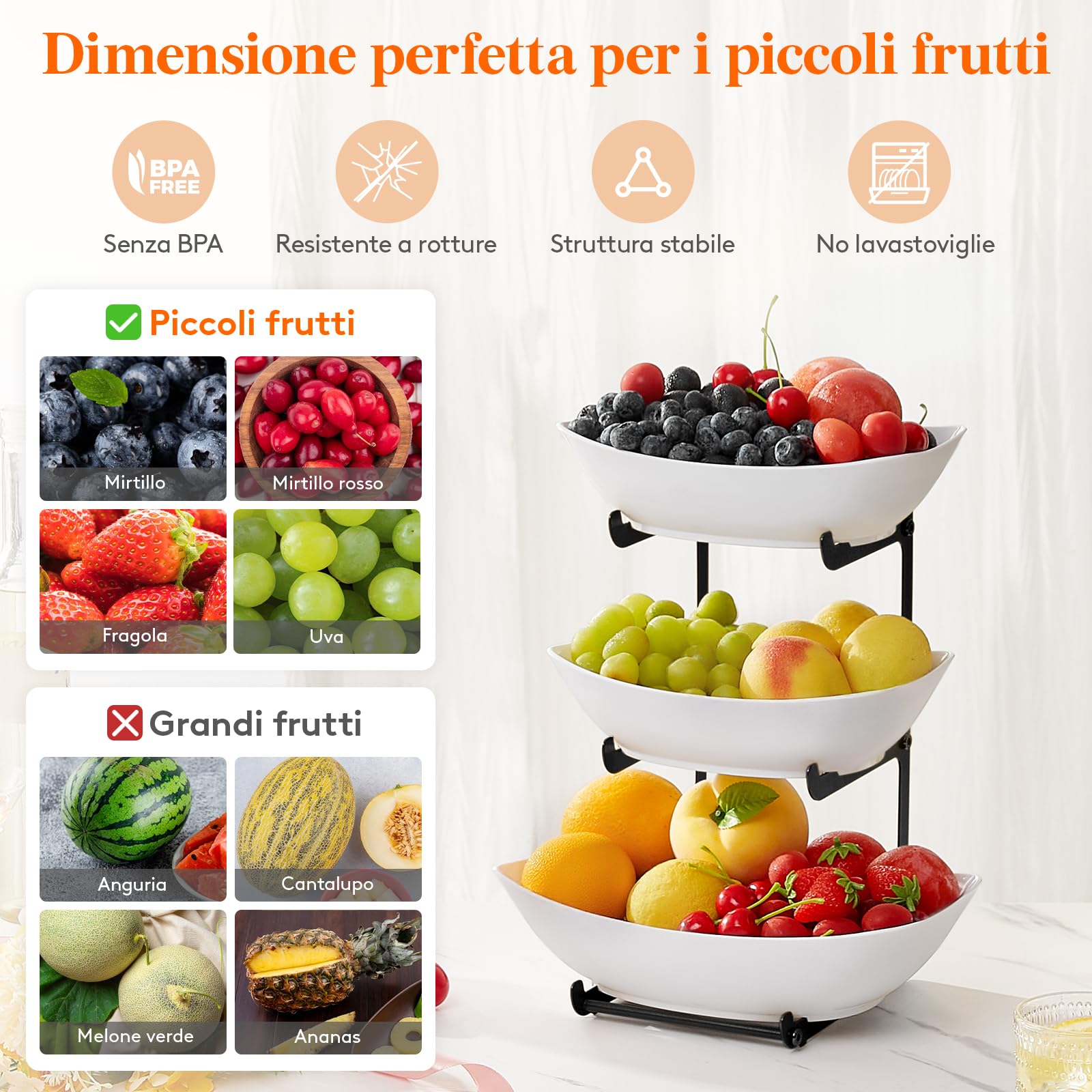 Lifewit Cestino per Frutta in Plastica a 3 Livelli Piano Cucina, Portafrutta con Supporto in Metallo Nero, Vassoio da Portata per Cibo, Verdure, Torte e Dessert per Feste, 28 x 35 cm, Nero
