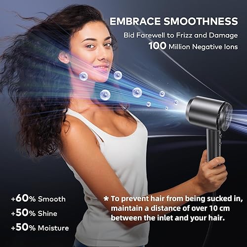 Miniatura 4 de Llano Secador de pelo difusor para cabello rizado con motor de 1500 W y 10,5000 RPM y 62.3 fts, secador iónico compacto de secado rápido, sensor de