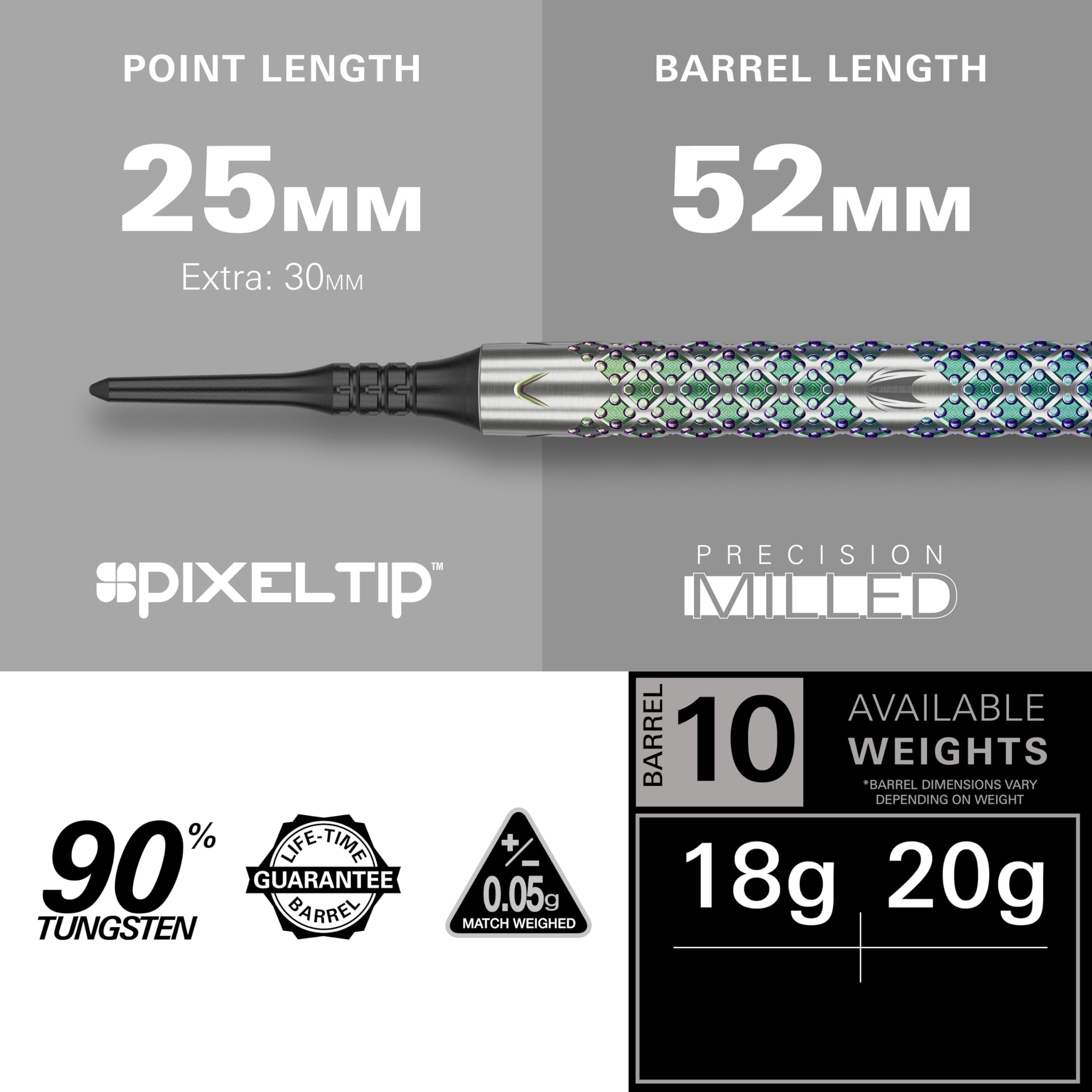 Target Darts Rove Soft Tip Darts, 90% Tungsten Dart Set | Freccette Verdi e Argento, Set di Freccette con Punte Pixel, Freccette elettroniche, Freccette con Punta Morbida | Canna 10-18G/20G