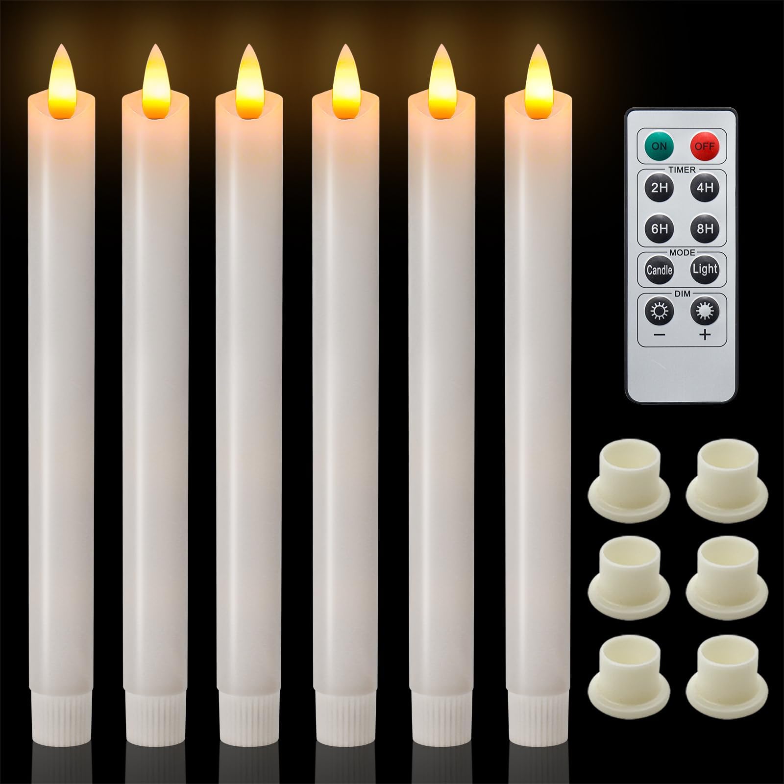 Real Wax Flameless Taper Candle with 10-Key Remote Timer, LED Battery Powered White 3D Flickering Flame for Home Decor, Mantel, Christmas Decorations, 9.4-Inch 6-Pack