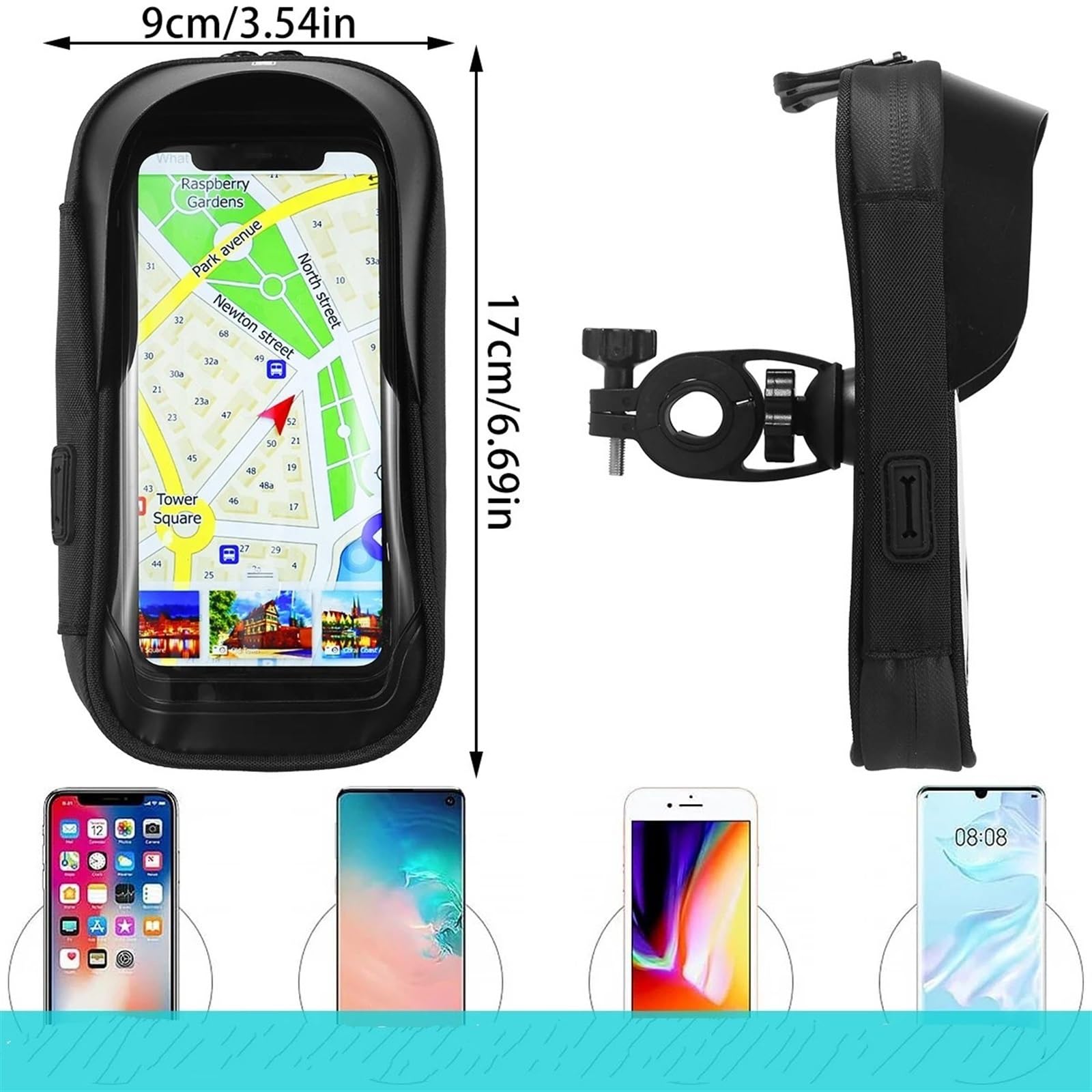 Staffa Navigatore Moto Borsa Manubrio Porta Cellulare Impermeabile Girevole A 360° Telaio Anteriore Bicicletta Navigazione Semplice Smartphone Universale(Nero)