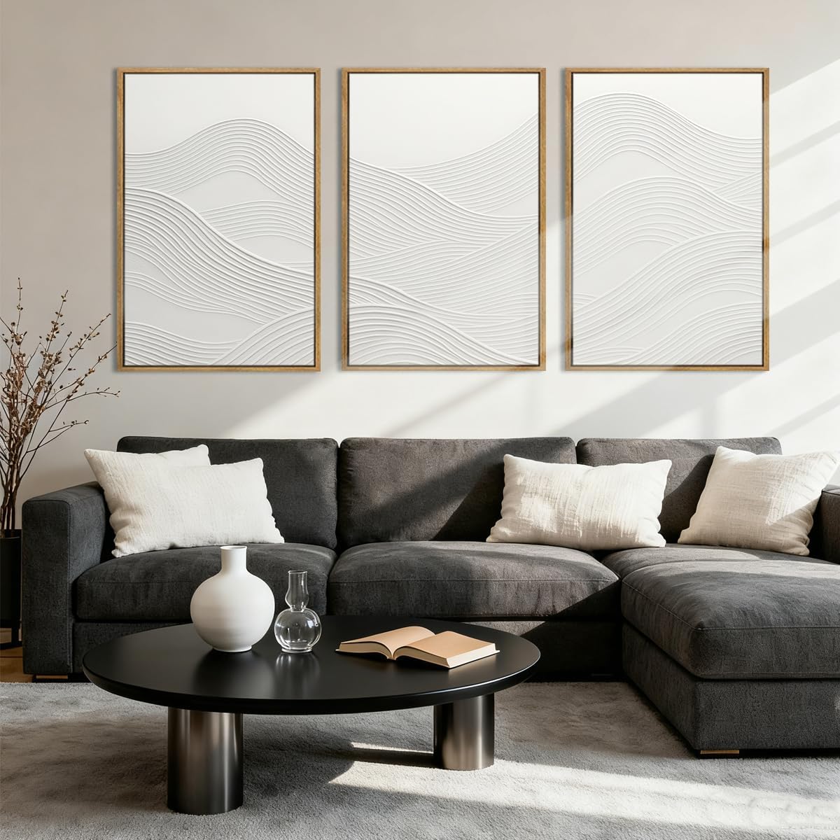 Anyzal Extra Large Framed White Textured Wall Art 24x36 Inch Neutral Abstract Modern Canvas Wall Decor Minimalist Waves Artwork for Living room Dining room Bedroom Set of 3