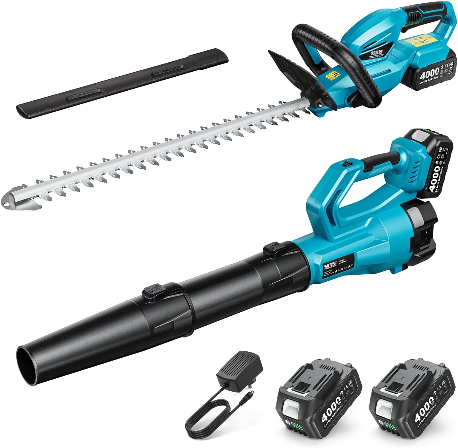 SEESII Cordless Hedge Trimmer and Leaf Blower Combo, 2 Pcs 4.0Ah Batteries, Electric Handheld Bush Trimmer with 20" Dual-Action Blade, Lightweight Brushless Blower with 2 Speed Modes for Yard Garden