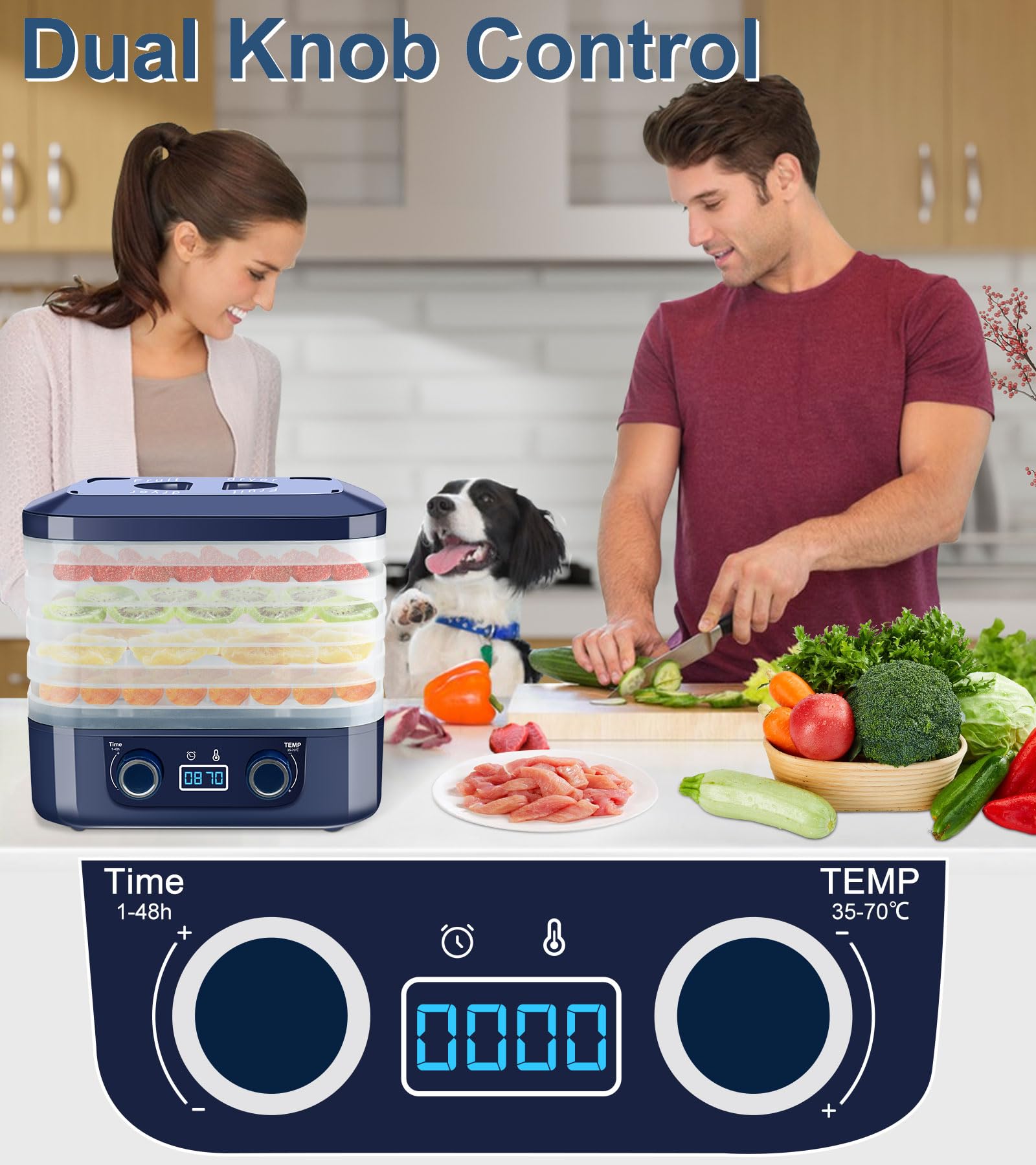 DeeprBling Déshydrateur Alimentaire, 5 Plateaux Réglables en Hauteur, Déshydrateur d'Aliments avec Écran Digital, Déshydrateur Fruits et Legumes avec Température 35-75°C et Minuterie 48H, Sans BPA