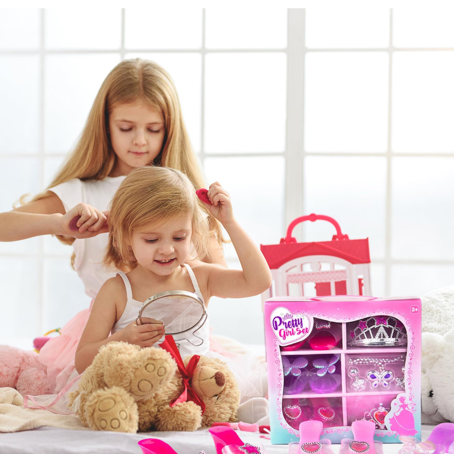 Set mit Prinzessinnen-Anziehschuhen, modisches Prinzessinnen-Anziehzubehör mit Kronen, Halsketten und Ohrringen, niedlichen Kleinkind-Absätzen, Rollenspielkollektion für kleine Mädchen, Kleinkind-Anzi