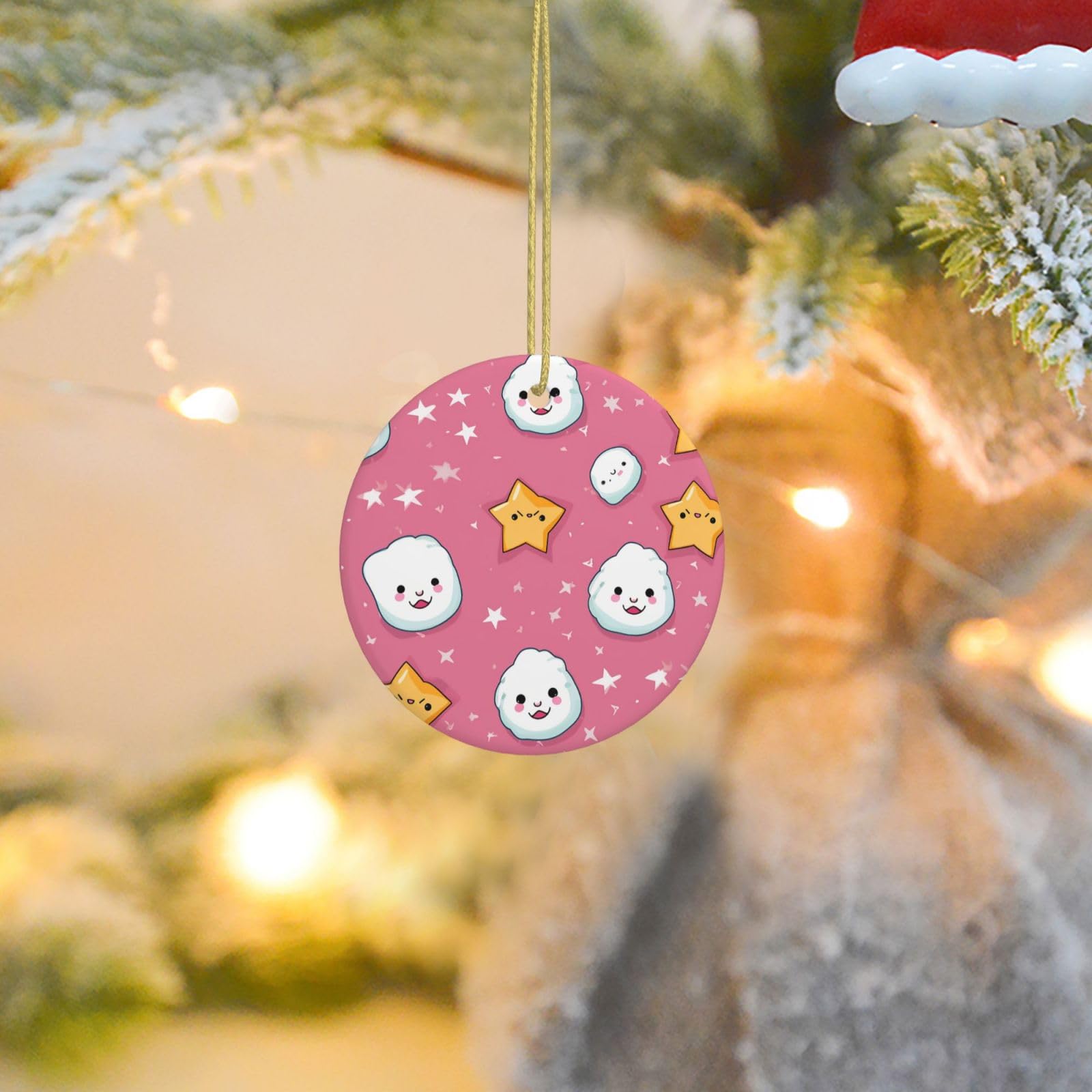 Christmas Tree Ornaments Ceramics Christmas Round Decorations Cute Rice Ball Ceramics Ornaments Circle Pentagram Xmas Tree Hanging Pendant for Christmas Tree Party Holiday Home Decor