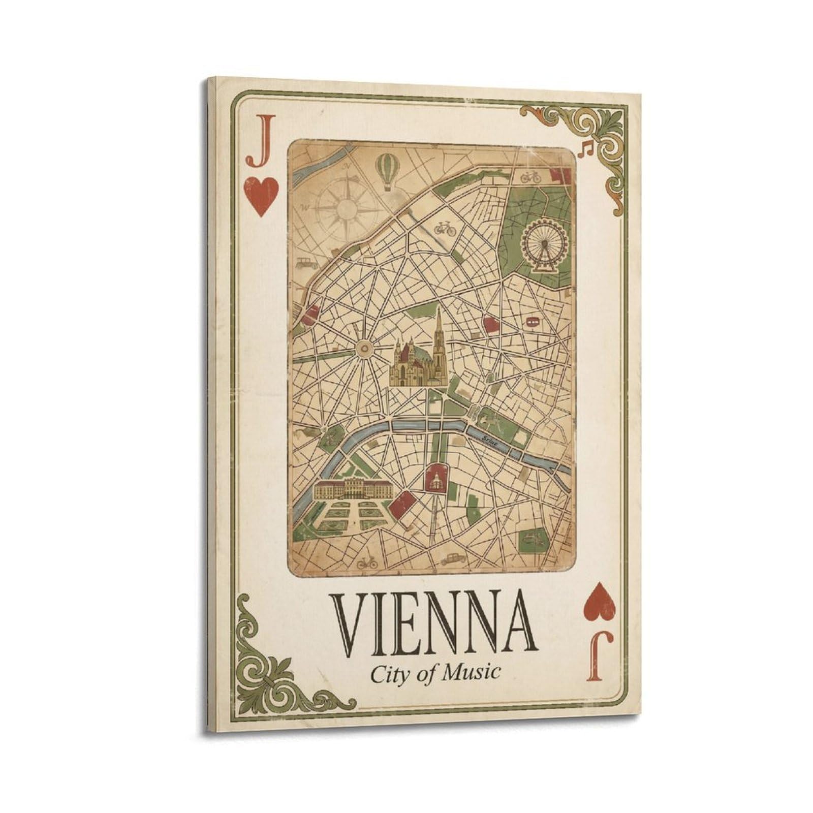OKNGB Vintage City Map Poster Vienna Music City Austria Playing Card Style Decorative Painting Canvas Art Picture 08x12inch(20x30cm)