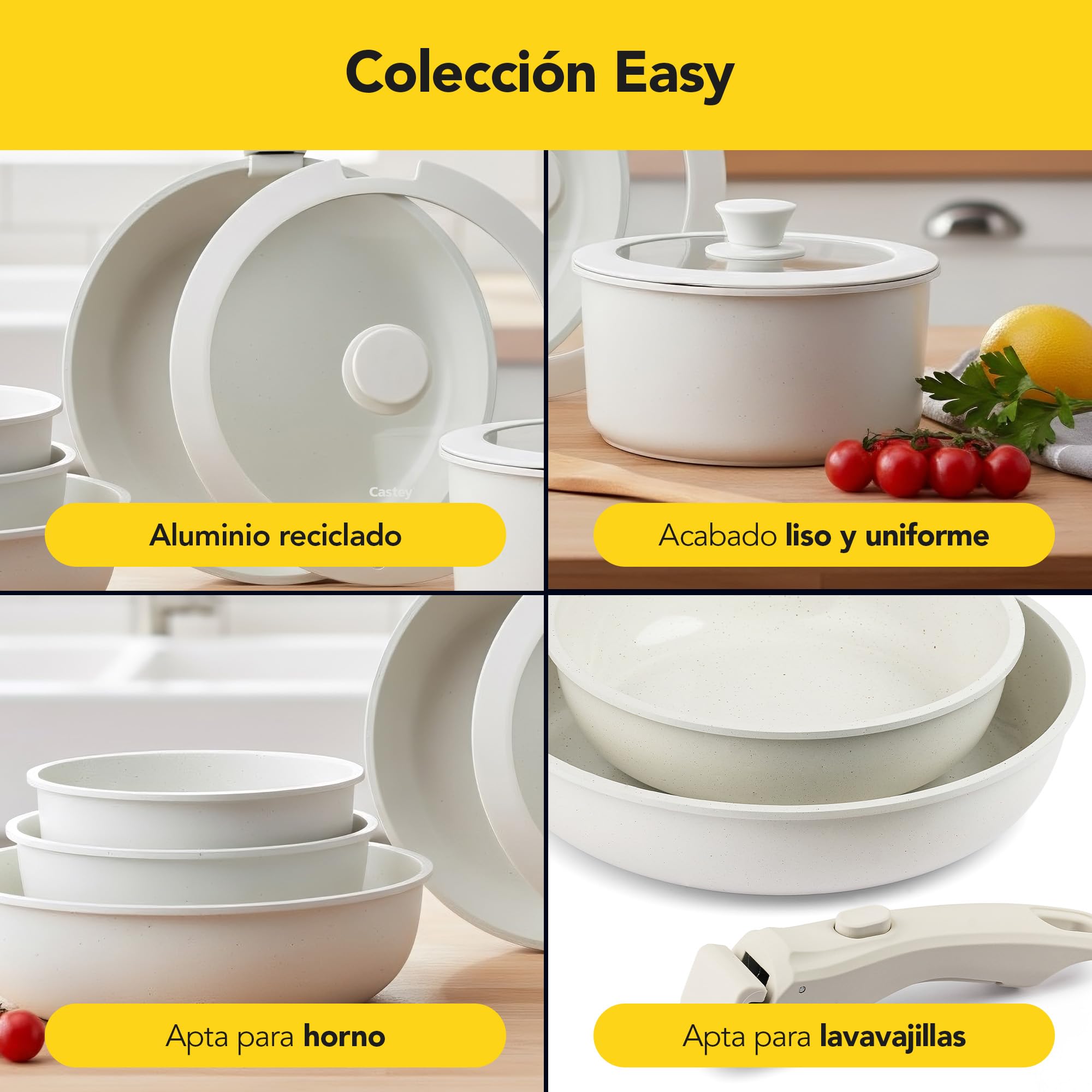 CASTEY - Batería de Cocina 8 Piezas, Modelo BAT-C8WH, Acero Inoxidable 18/10, Base de Aluminio, Recubrimiento Antiadherente Sin PFOA, Sartenes, Ollas y Cacerolas con Tapa y Mango Extraíble, Blanco