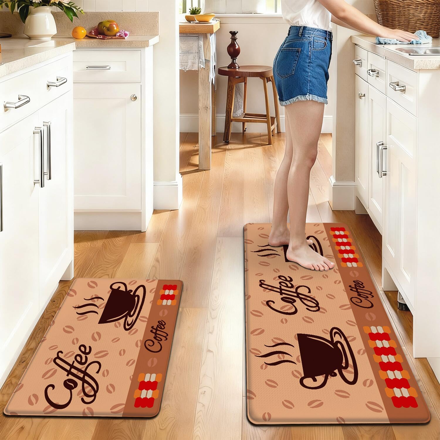 Anti Fatigue Kitchen Rugs Set of 2, Coffee Kitchen Mats for Floor, Farmhouse Kitchen Decor, Anti-Slip and Anti-Fatigue Foam Standing Mat, 17x30 inch Sink Mat+17x47 inch Runner Rug Brown