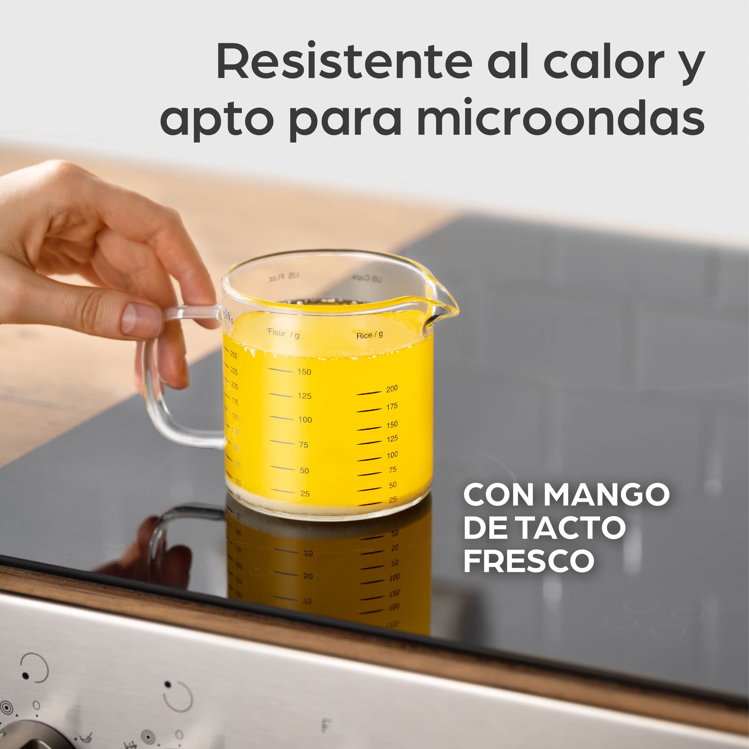 Jarra Medidora de Cristal - 50ml, 125ml, 250ml - Escala Precisa - Apilable - Resistente al Calor y al Microondas
