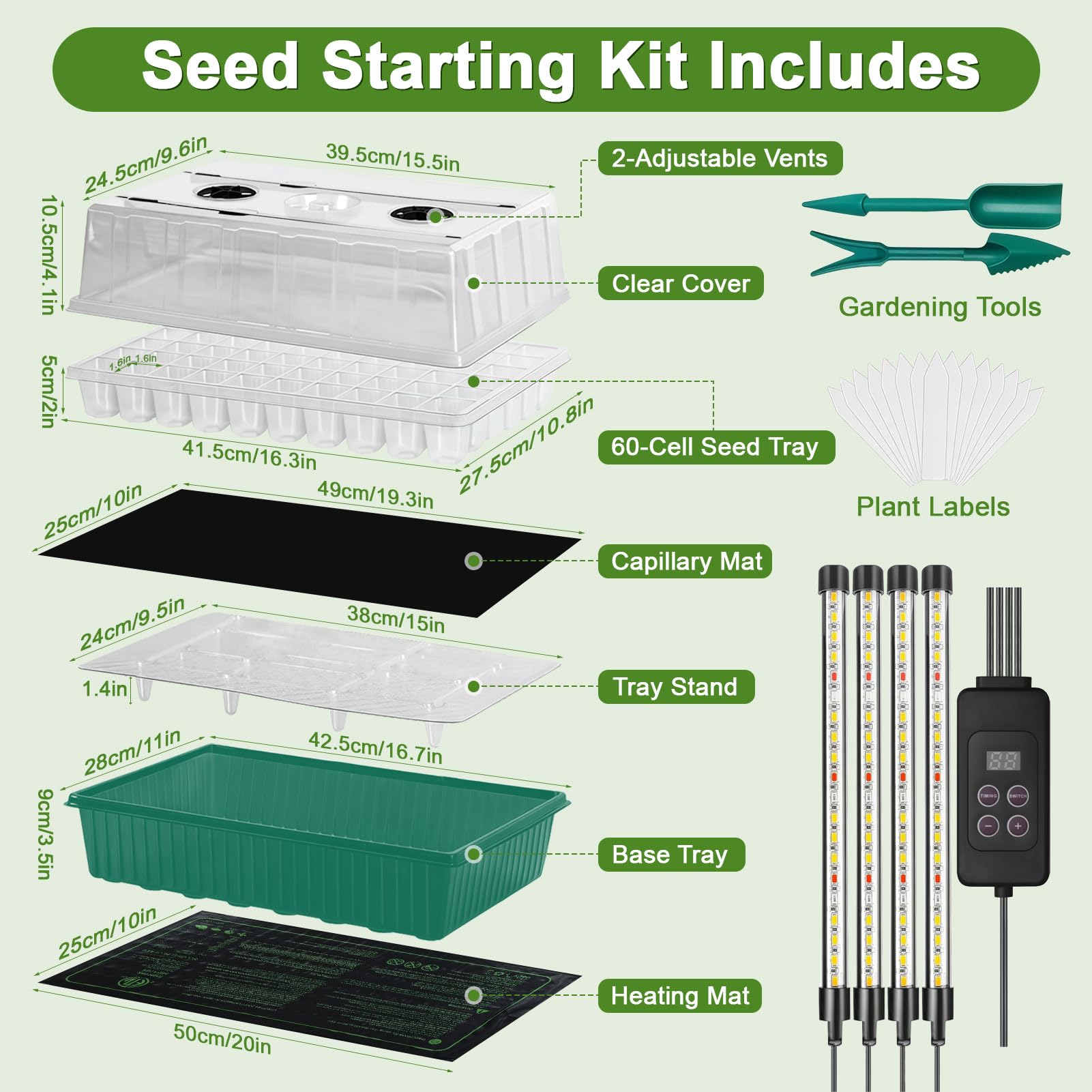 Vassoio di avviamento per semi autoirrigante a 120 celle con luce per coltivare, vassoi per semi da interno con tappetino termico, vassoi per la germinazione delle piante a luminosità regolabile, kit