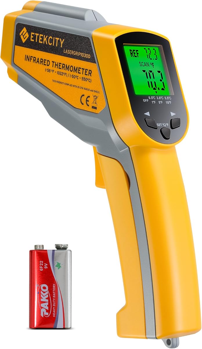 Termómetro infrarrojo Lasergrip 1030D (no para humanos) Pistola con doble láser Filtrado de temperatura sin contacto -58 ℉ a 1022 ℉ (-50 ℃ a 550 ℃), 8,9 x 2,2 x 5,3, amarillo y gris