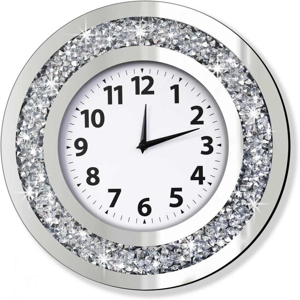DMDFIRST Crystal Crushed Diamond Mirrored Wall Clock, 16x16 Inch Silver Glass Round Decorative Clock, Silent Quartz Movement (No Second Hand), Modern Sparkle Home Decor (AA Battery Not Included)