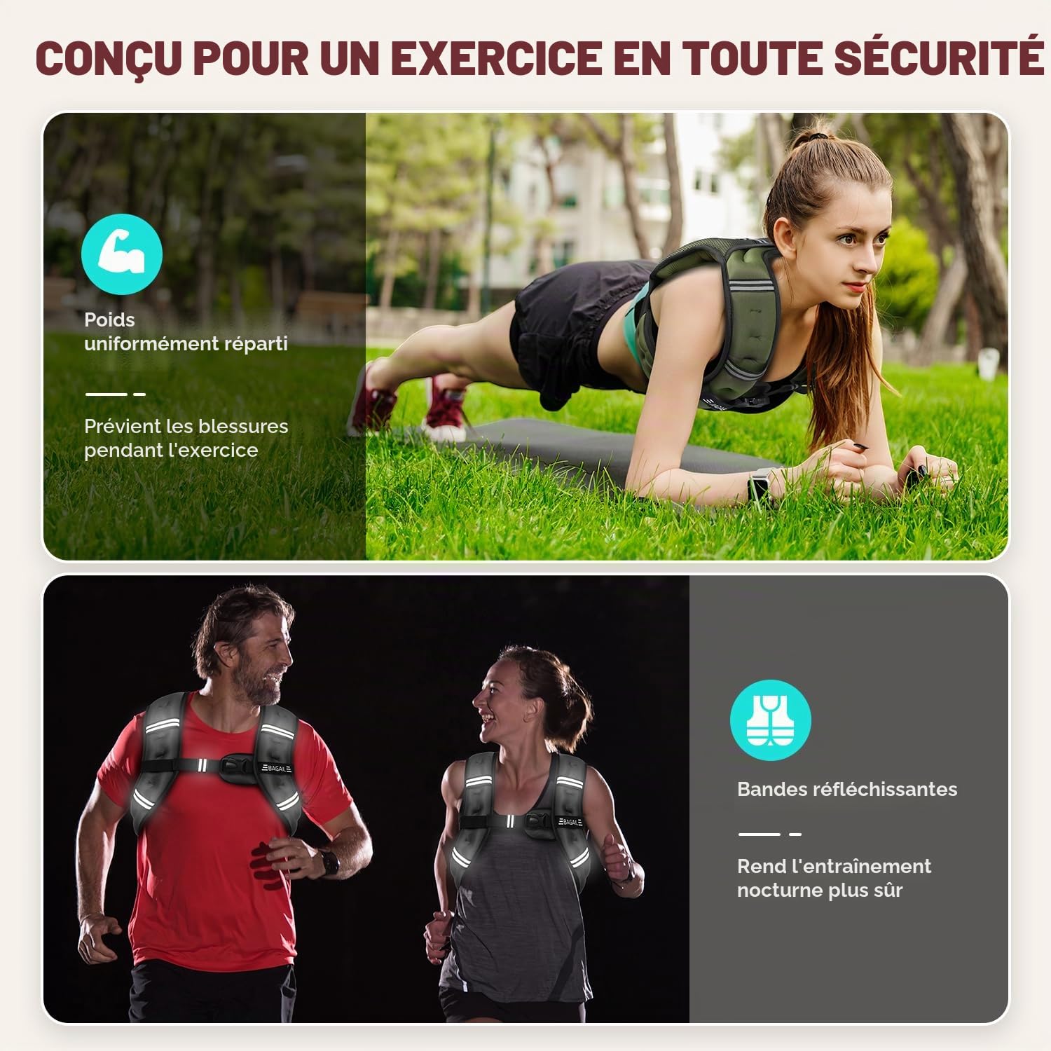 Bagail Gilet Lesté Pour la Musculation, Taille Ajustable, Poche Pratique, Gilet Lesté en Sable de Fer, Idéal Pour les Séances de Gymnastique, le Yoga et les Exercices d'Aérobic.