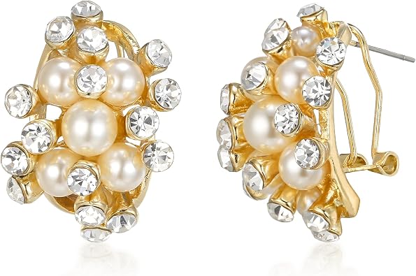 EVER FAITH Austrian Crystal White Simulated Pearl Bridal Cluster Pierced Stud Earrings