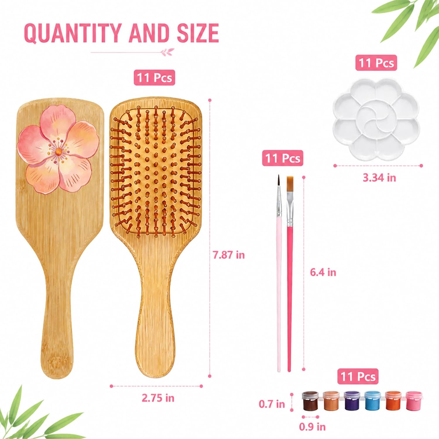 11 Set Bamboo Hairbrush Painting Kit for DIY Hand Painted Crafts, Bamboo Hair Brush Bulk Wood Hairbrushes Wooden Hair Brush Bulk with Paint Palette Paintbrush