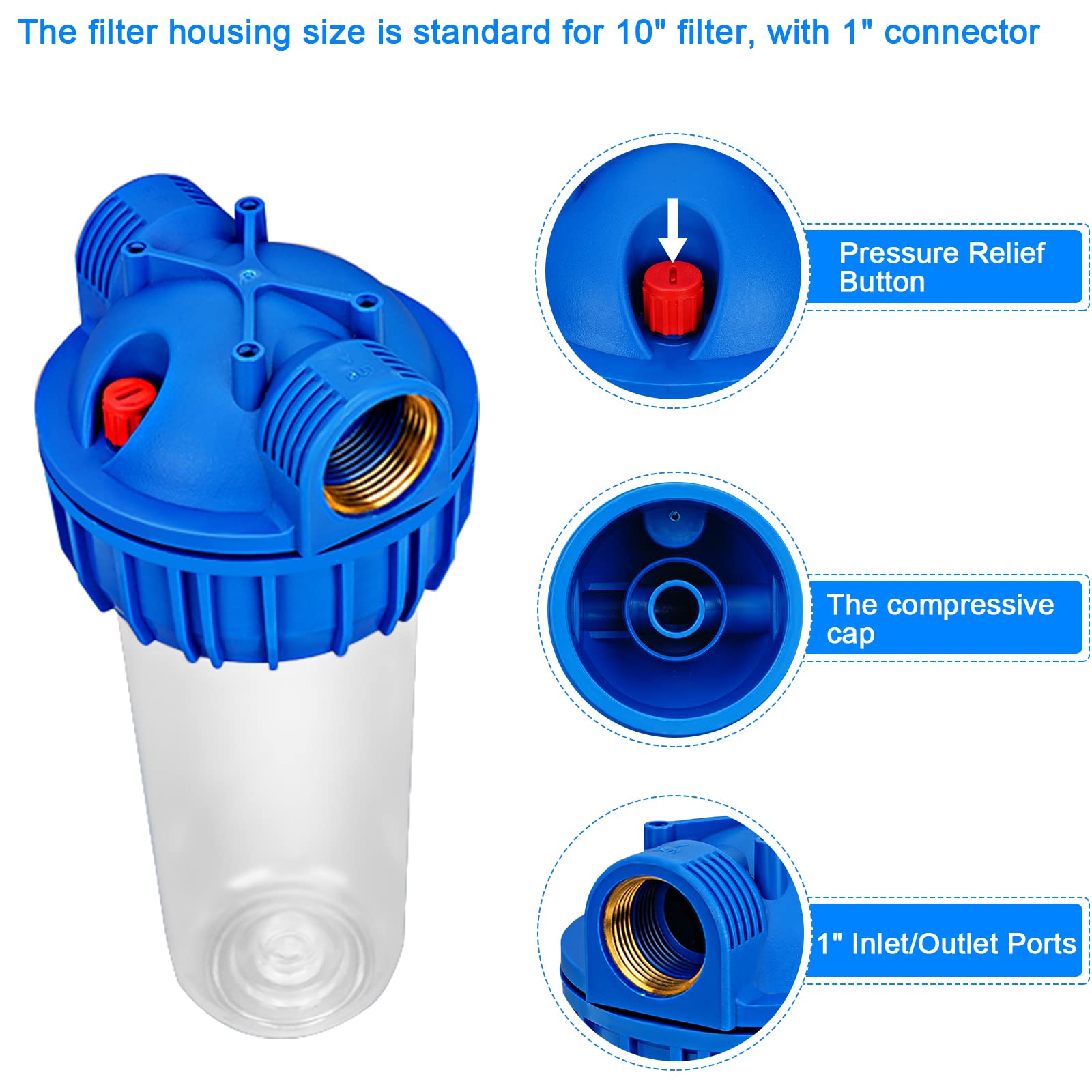 Lafiucy 10 pollici trasparente alloggiamento del filtro dell'acqua standard, versione più spessa, 1"ingresso/uscita porta in ottone, staffa, 4 viti, chiave