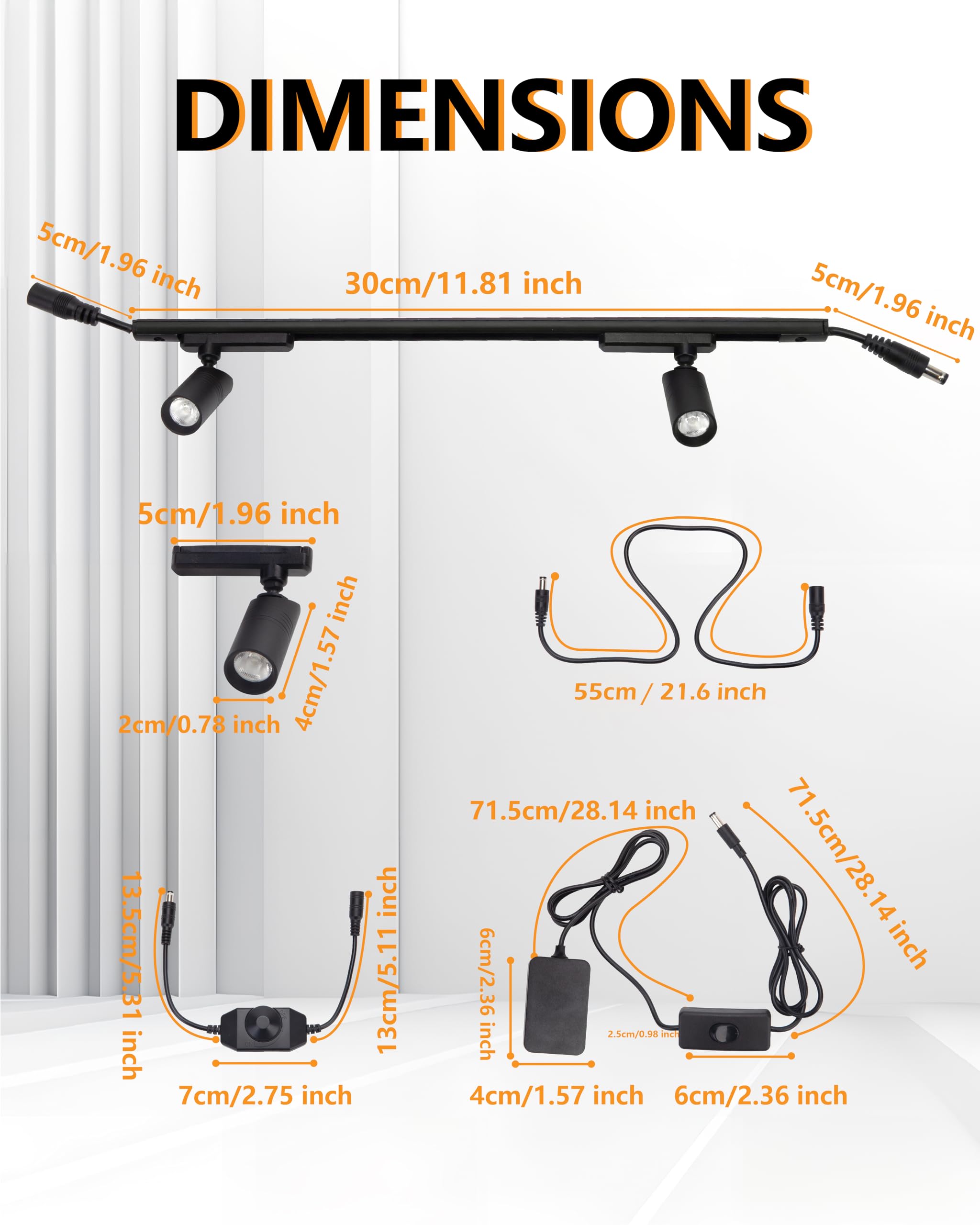 Cefrank Mini Focos de Riel Magnético - 2 Cabezales Giratorios, Sistema de Iluminación Regulable - Riel Negro de 30 cm, Base Magnética, 2 Luces - 6000K Blanco