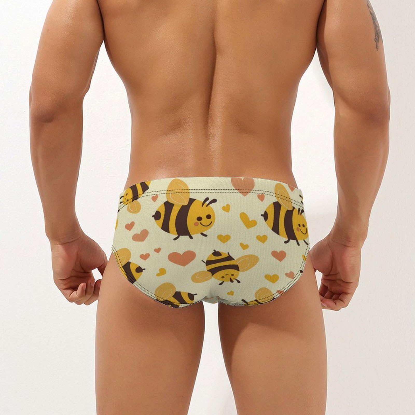 Flying Yellow Bees Hearts Mens Swim Briefs Bikini Swimwear Print Beach Shorts Sexy Swimsuit S