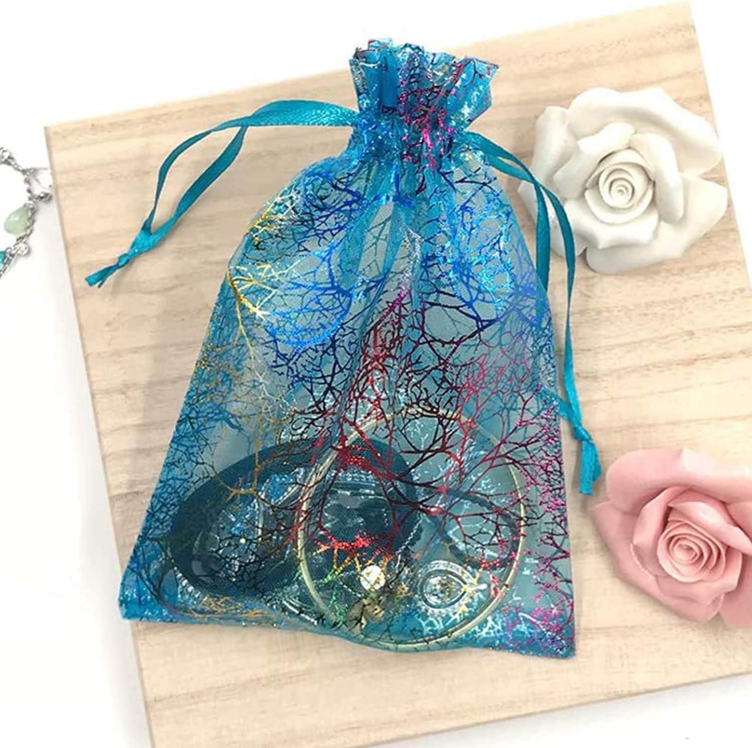 100pcs 4x6 inches Gift Wrap Bags Mixed Color Coralline, Organza Sheer Satin Ribbon Fabric, Drawstring Pouches for Baby Shower Favor, Party Wedding Favors Decoration, Candy, Christmas Ornament,Beach - Image 3