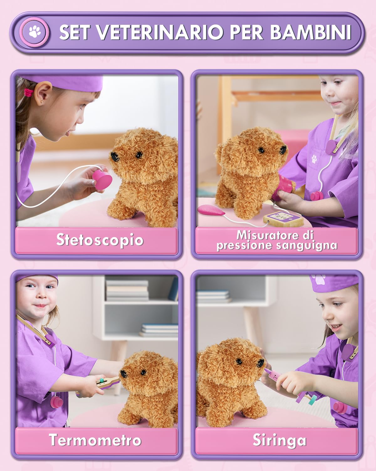 Valigetta Dottore Bambini, Kit Veterinario di Legno, Kit Dottoressa Bambina con Peluche Cane, Valigetta Dottoressa Bambina con Camice e Cappello, Giochi Bambini 3 Anni(Rosa)
