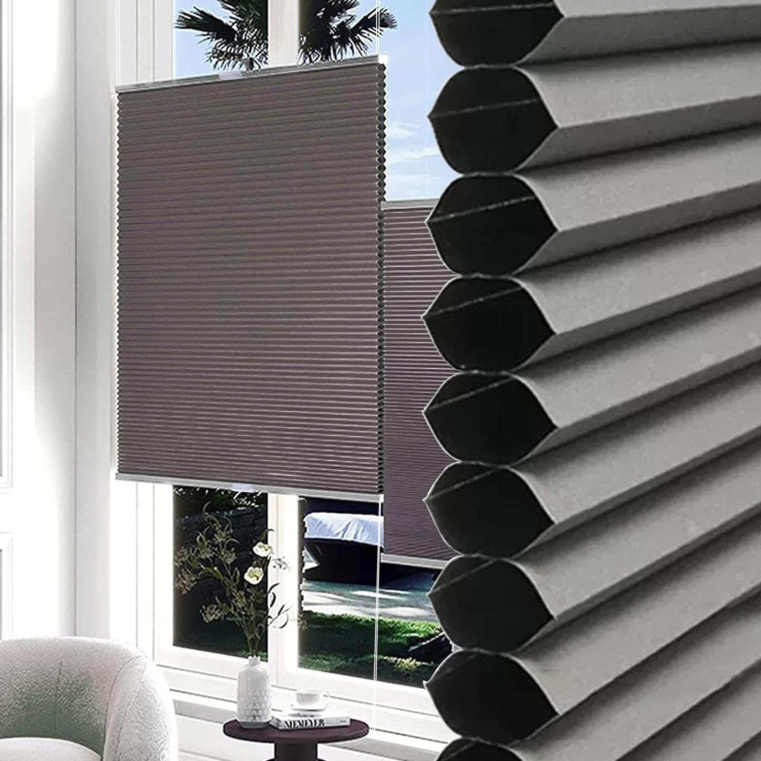 XJLXKLWG Cordless Cellular Shades Top-down Bottom-up,Retractable Honeycomb Blinds for Windows,Blackout Cellular Pleated Blinds,Privacy and Sun Protection,Dark Gray,Custom (WxH: 45x140cm)