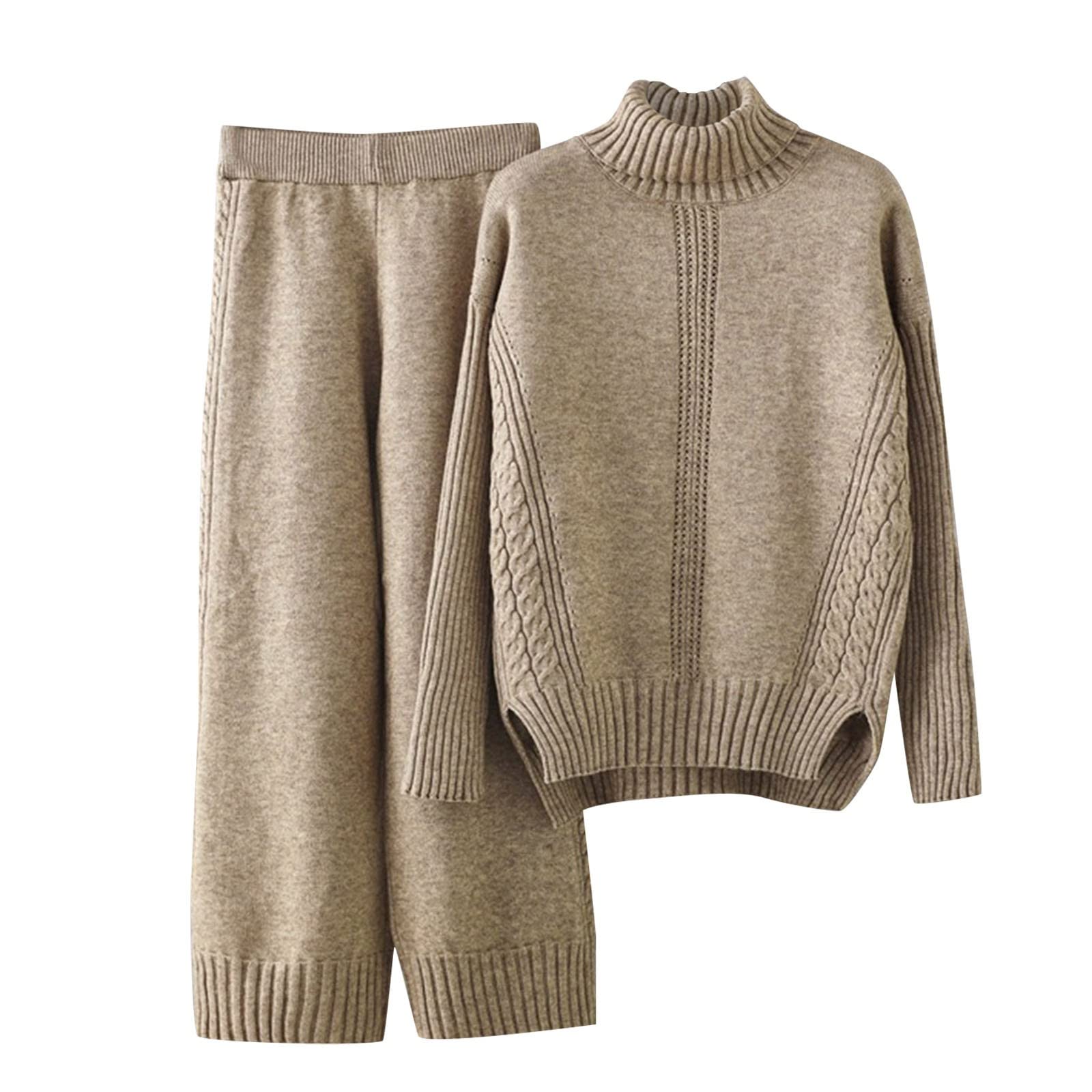 Femme 2 Pcs Pull Ensemble Tricoté Hiver Sweater Top en Maille Sweatshirt Chaud Chandail Sport Pantalon Jambe Large Hiver Ensemble Sportswear Elegante Survêtement 2 Piece