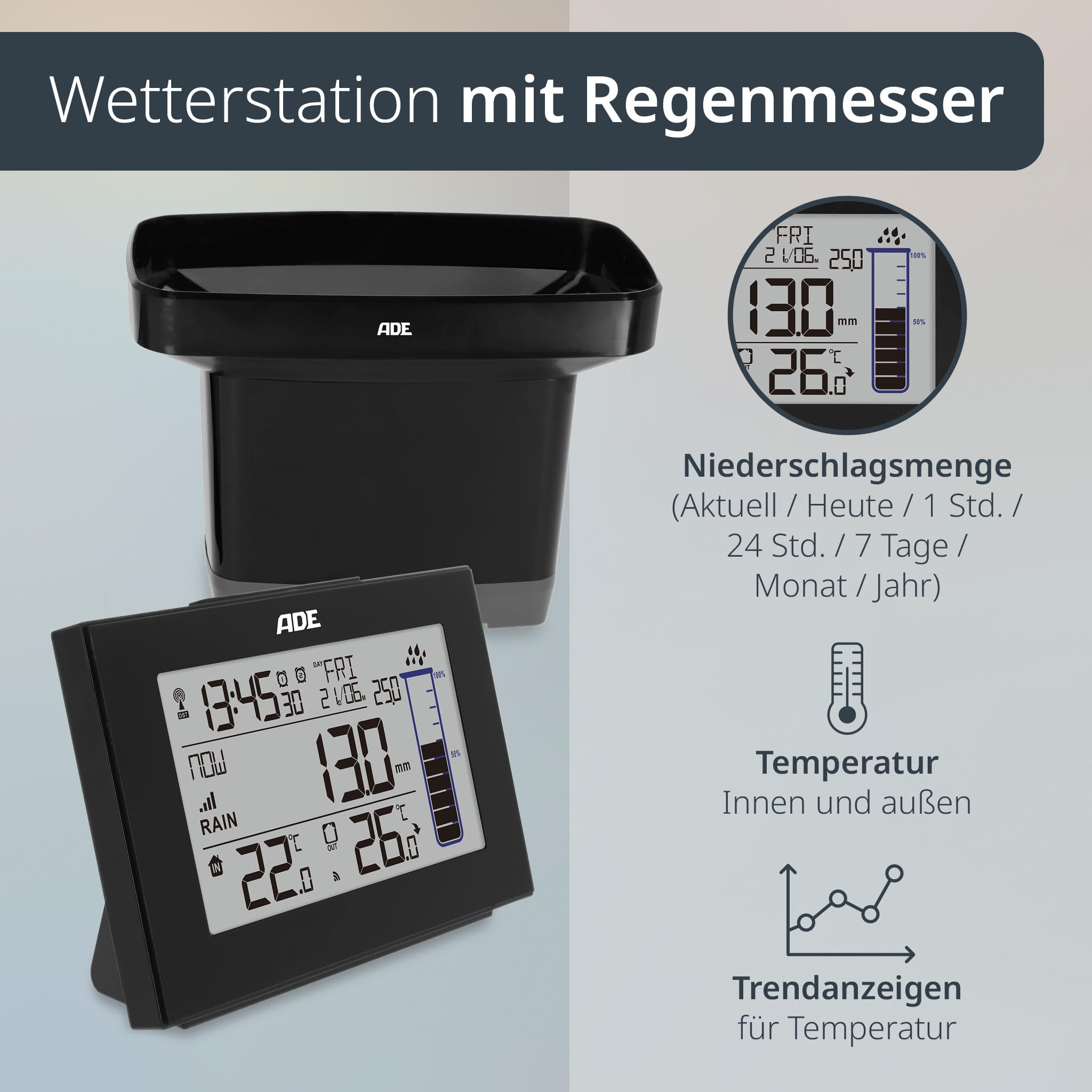 ADE Digitaler Regenmesser frostsicher mit Wetterstation | Funk-Außenthermometer für den Garten | Innenthermometer | Funkwecker mit 2 Weckzeiten | mit Datumsanzeige | inkl. Batterien