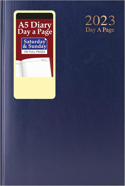 Premium Quality | A5 Day to Page Diary 2023 |Hardback Casebound Cover & Ribbon Marker DAP Year Planner for Business, Office, Home, Appointments - Sat and Sun Full Page a Day (Blue)