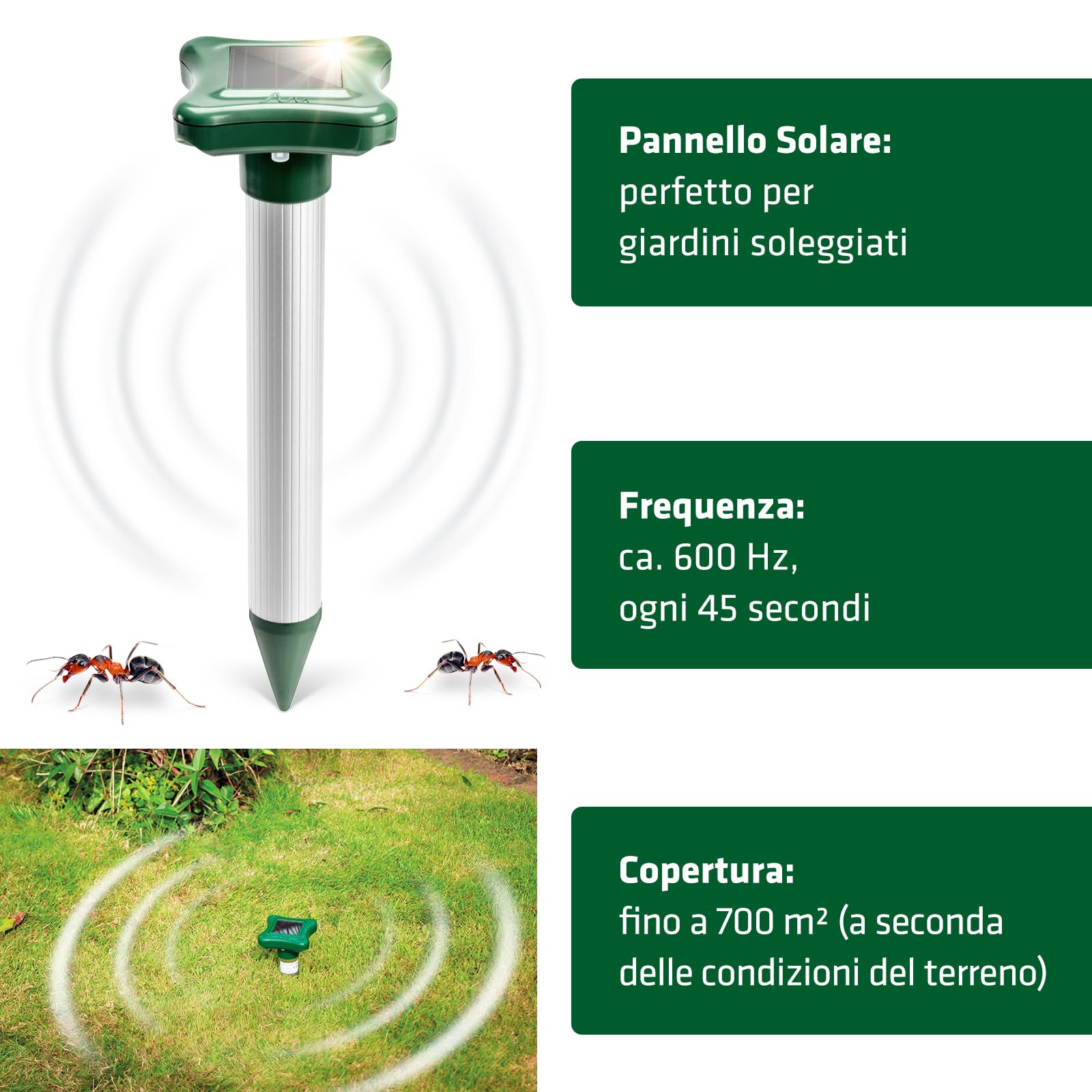 Gardigo® Ameisen Antiformiche a Energia Solare con Vibrazione | Dispositivo Repellente Formiche | 600 Hz - Copertura 700 m²