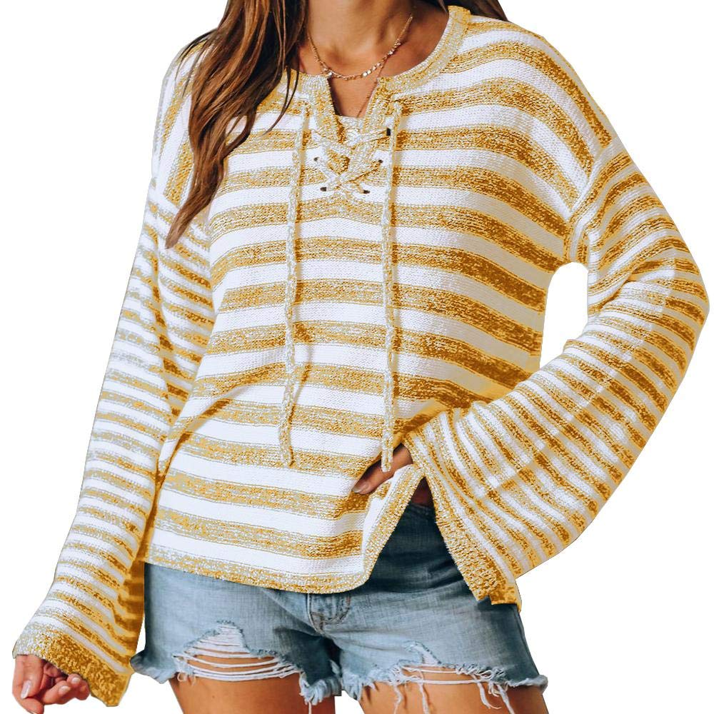 Misassy Womens Loose Striped Sweater Top Bell Sleeve Lace Up Drawstring Lightweight Knit Pullover Sweatshirt