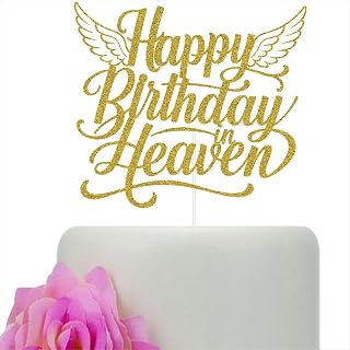 Happy Birthday in Heaven with Angel Wings Cake Topper for Birthday, Anniversary, Funeral Party Decoraions Supplies, Heavenly Celebrations Cake Pick Gold Glitter
