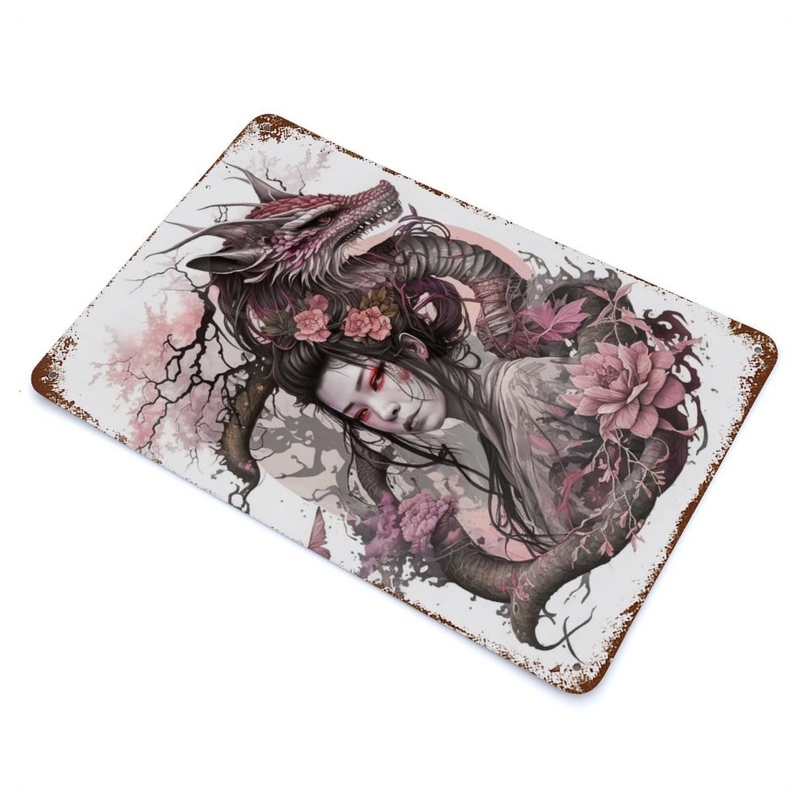 Geisha Dragon Aged Metal Wall Plaque 11.8"x7.9", Old School Wall Decor for Garage, Bar And Workshop Decor