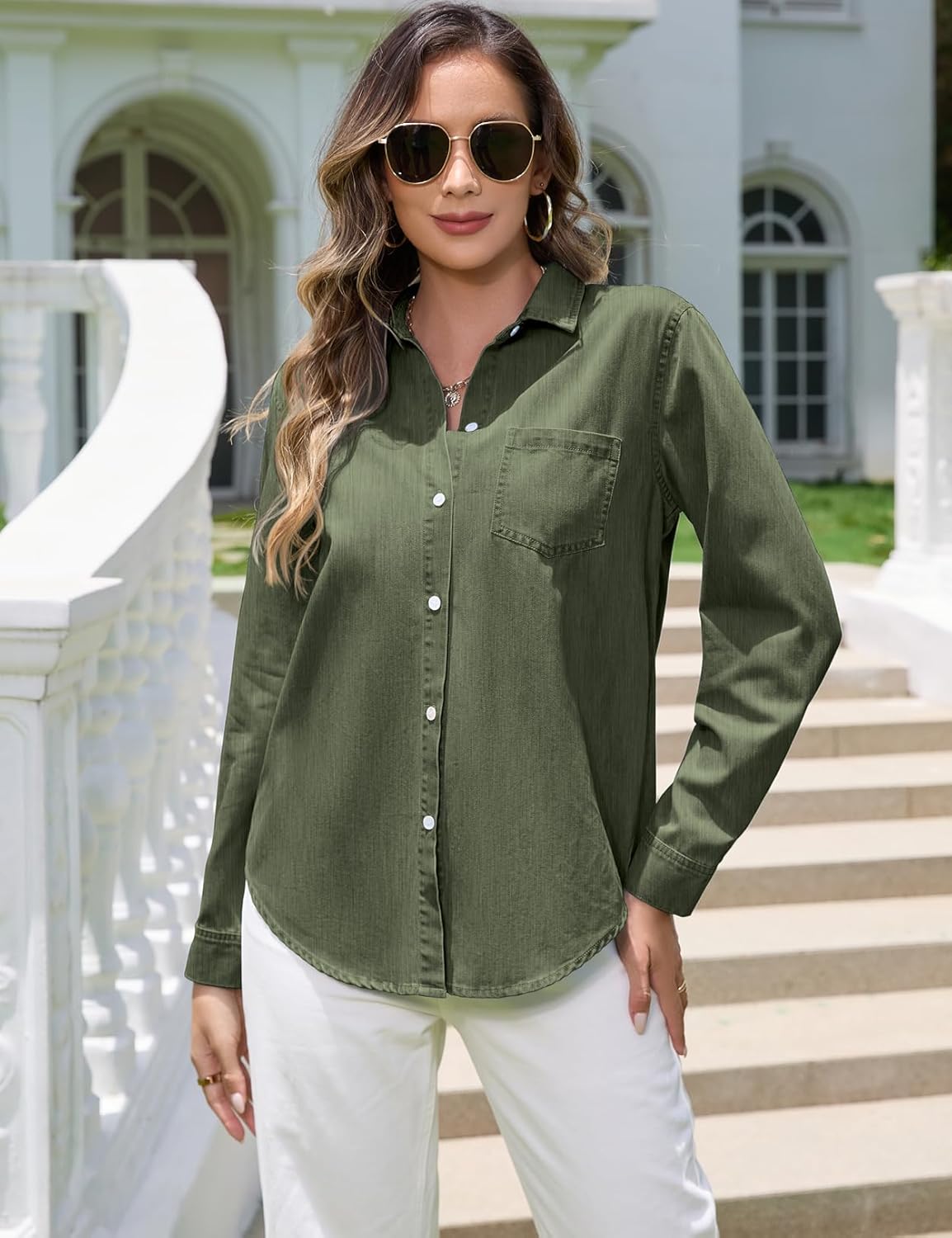 Denim Shirt Women Chambray Western Shirts Casual Long Sleeve Button Down Jean Tops - Image 5