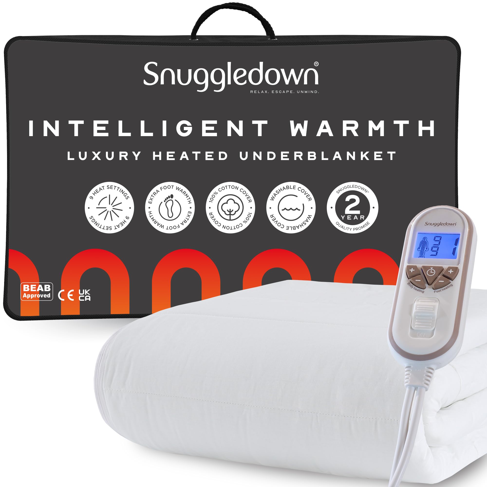 Snuggledown White Intelligent Warmth Electric Blanket Single - Luxury Heated Blanket With Foot Warmth & 9-Heat Settings | 100% Cotton Casing, Auto Shut-Off, Washable (90 X 190Cm)