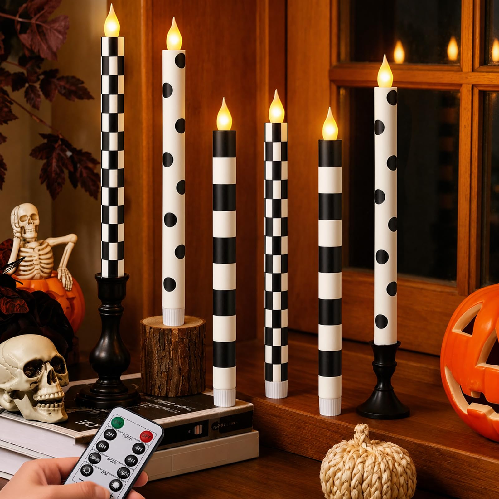 LCZLUMIPRO 6Pcs Halloween Flameless Taper Candles, Remote Black and White Candles, Checked Polka Dot Striped Battery Candlesticks, Flickering Plastic Candles for Table Window Fall Decor